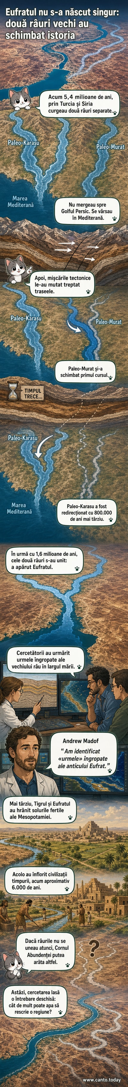 Reprezentare ilustrativă a râului Eufrat și a barajului Birecik în Turcia, cu fundal geologic sugerând traseul preistoric al râurilor Paleo-Karasu și Paleo-Murat.