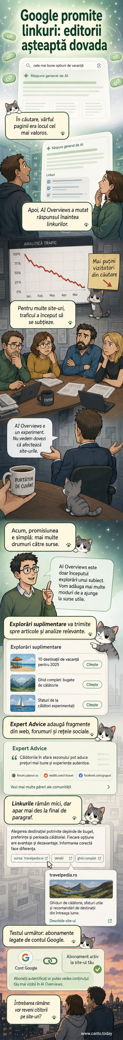 Ilustrație cu un utilizator care caută pe Google și vede un sumar AI cu mai multe linkuri către site-uri web, inclusiv unul marcat ca abonament.