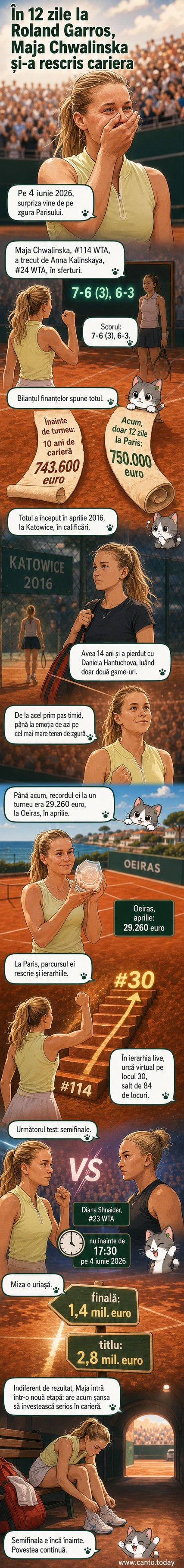 Jucătoarea de tenis Maja Chwalinska în timpul unui meci la Roland Garros, cu publicul în fundal și zgura roșie sub picioare.