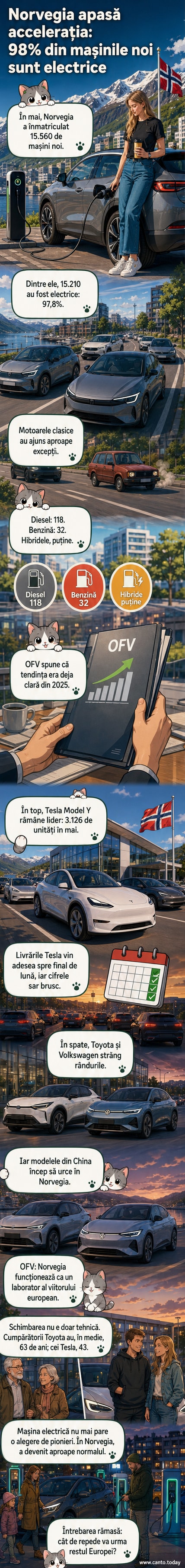 Infografic care arată că 97,8% din mașinile noi vândute în Norvegia în mai 2026 au fost electrice, cu topul modelelor și vârstele medii ale cumpărătorilor