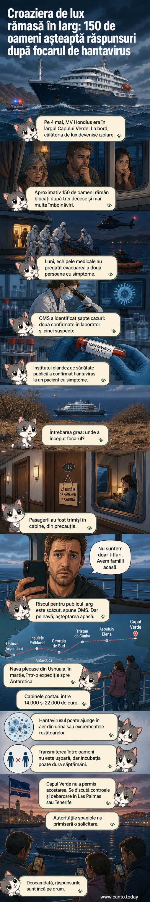 Ilustrație a navei MV Hondius în largul oceanului, cu pasageri în cabine și echipaje medicale pregătite pentru evacuare, sub un cer tensionat.