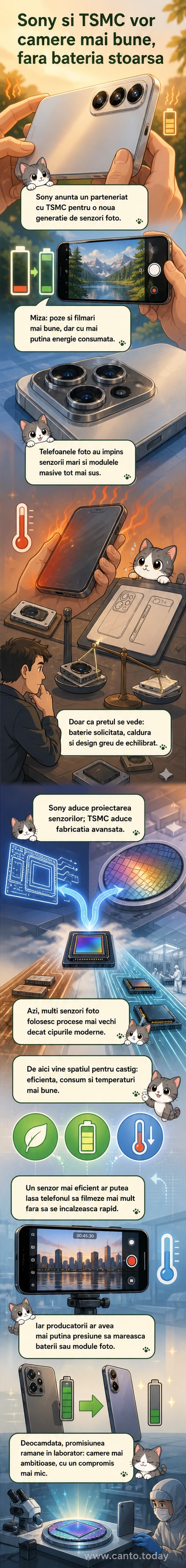 Ilustrație webtoon care arată un telefon cu o cameră foto avansată, lângă un senzor miniatural și un grafic cu baterie plină, simbolizând eficiența energetică crescută grație parteneriatului dintre Sony și TSMC.