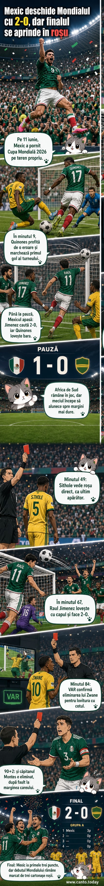 Jucători mexicani sărbătoresc un gol în fața publicului plin de la Mexico City Stadium, sub lumina reflectoarelor, în primul meci de la CM 2026.