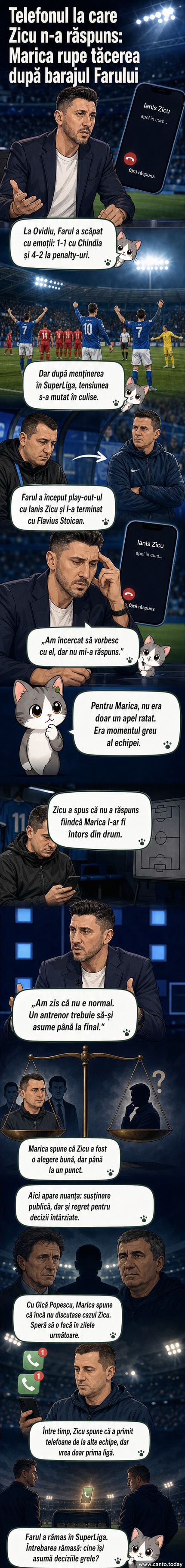 Ilustrație cu doi bărbați într-o discuție tensionată pe bancă, unul dintre ei întorcându-se cu spatele, într-un stadion gol, simbolizând ruptura de comunicare dintre Ciprian Marica și Ianis Zicu.