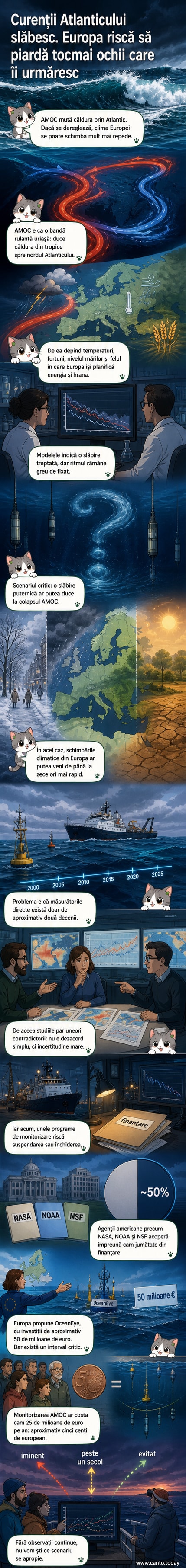 Ilustrare a curenților AMOC în Oceanul Atlantic, cu săgeți care arată fluxul de căldură din tropice spre nord, și un panou care evidențiază riscul de colaps și impactul asupra Europei.