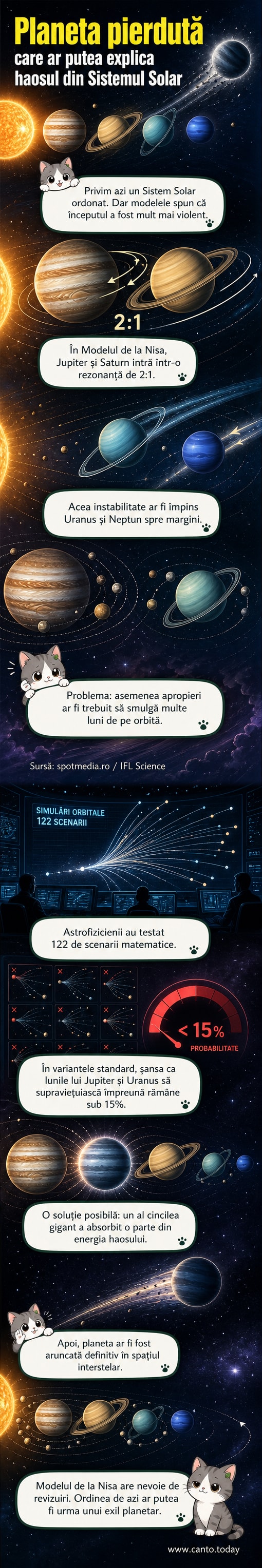 Ilustrare artistică a unei planete gigantice fiind aruncate din Sistemul Solar în spațiul interstelar, cu Jupiter și Saturn în fundal.
