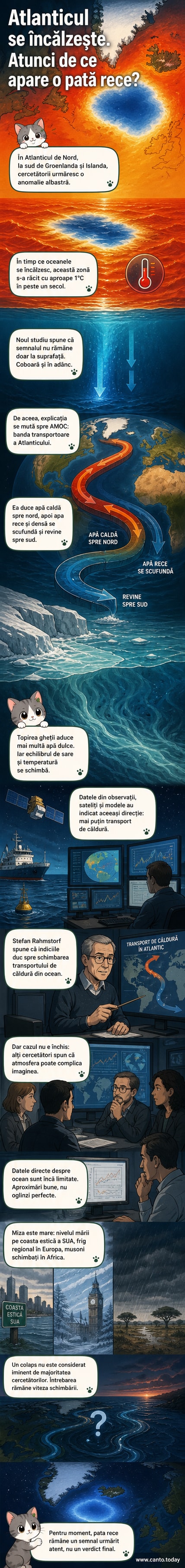 O hartă a nordului Atlanticului cu o zonă albastră intensă indicând scăderea temperaturii apei, cunoscută ca 'pata rece', în contrast cu încălzirea generală a oceanelor.