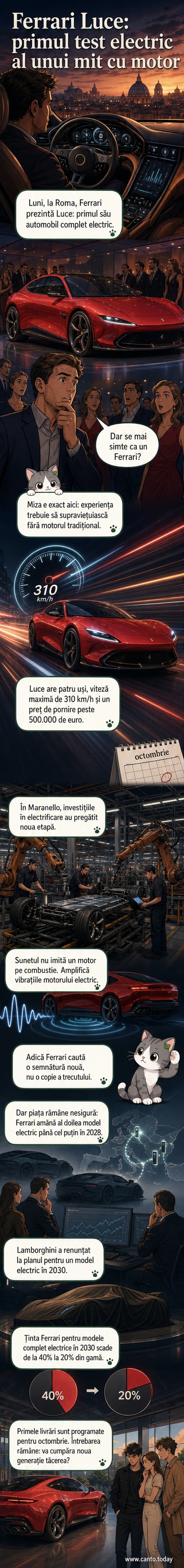 Ilustrație a noului Ferrari Luce, un model electric în patru uși, expus într-un cadru urban modern, cu design aerodinamic și faruri LED distinctive.