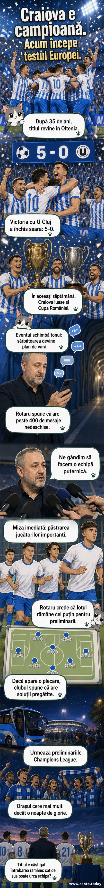 Jucători ai Universității Craiova sărbătorind cu trofeul de campioană sub stegulețe roșii și albastre, pe Stadionul Ion Oblemenco