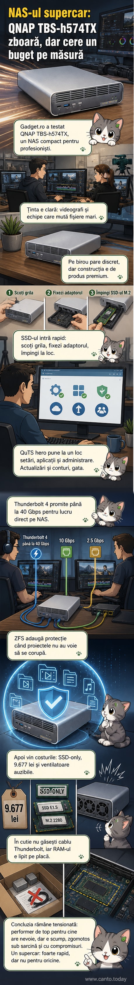 Un NAS QNAP TBS-h574TX compact, argintiu, cu grilă frontală și LED-uri, așezat pe o masă, lângă un laptop și cabluri Thunderbolt.