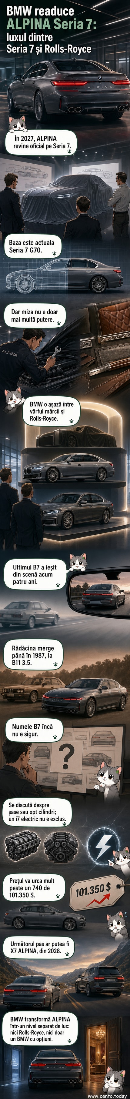 Ilustrație a unei berline luxoase BMW ALPINA Seria 7 din 2027, cu design elegant, grilă distinctivă și interior finisat în piele premium, parcată în fața unui centru urban modern.