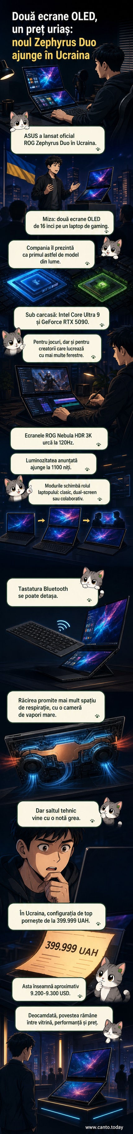 Un laptop ASUS ROG Zephyrus Duo cu două ecrane OLED deschise, așezat pe o masă, într-un design premium din aluminiu gri, cu LED central pe capac.