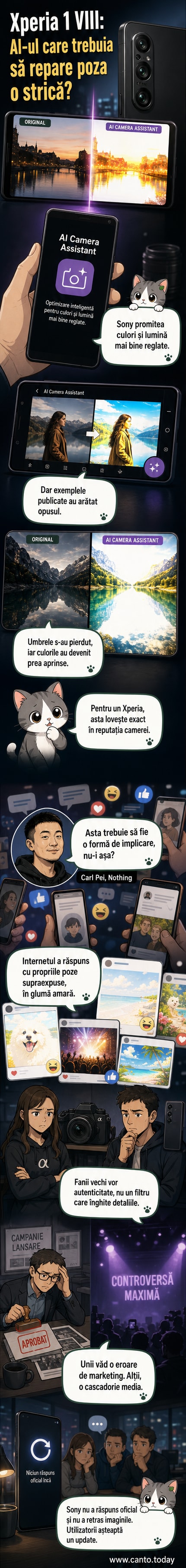 Două imagini alăturate: una originală, naturală, și una editată cu AI care arată supraexpusă, cu culori exagerate și detalii pierdute.