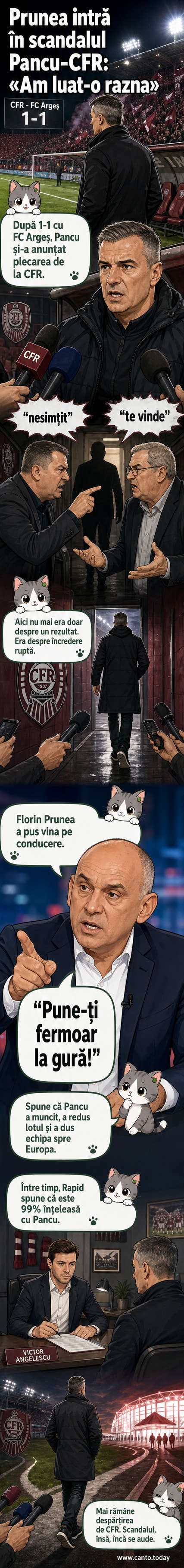 Ilustrație cu Florin Prunea vorbind ferm în fața unui microfon, în spatele său siluetele lui Daniel Pancu și Iuliu Mureșan într-o scenă tensionată.