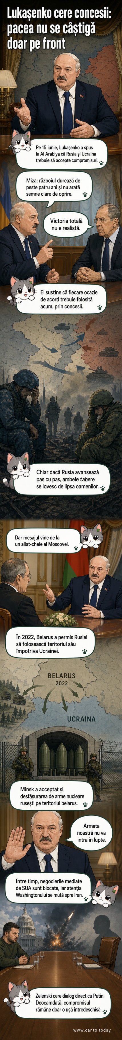 Ilustrație cu președintele Belarusului, Alexander Lukașenko, vorbind despre necesitatea unui compromis între Rusia și Ucraina pentru a încheia războiul.