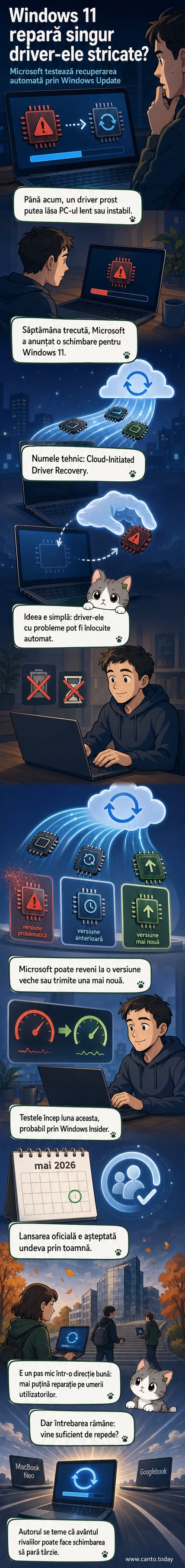 Ilustrație cu un laptop Windows 11 care se repara singur, cu un mesaj 'Driver înlocuit automat' pe ecran.
