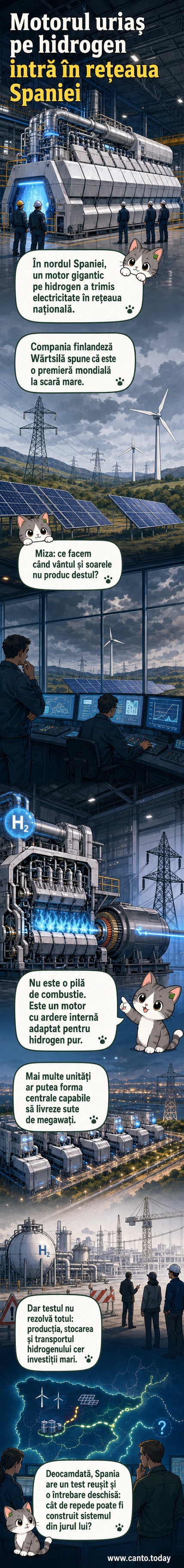 Ilustrație a unui motor industrial mare, cu simboluri ale hidrogenului și a curentului electric în jur, într-un centru energetic modern din Spania