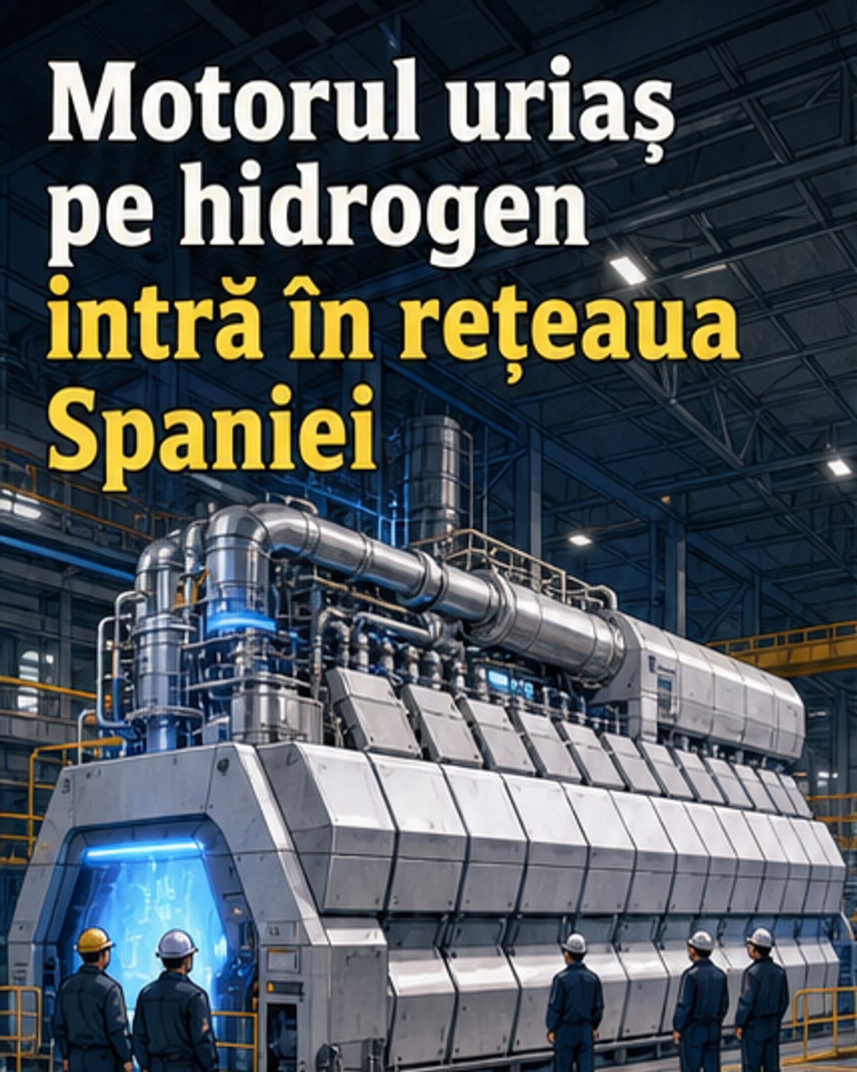Ilustrație a unui motor industrial mare, cu simboluri ale hidrogenului și a curentului electric în jur, într-un centru energetic modern din Spania