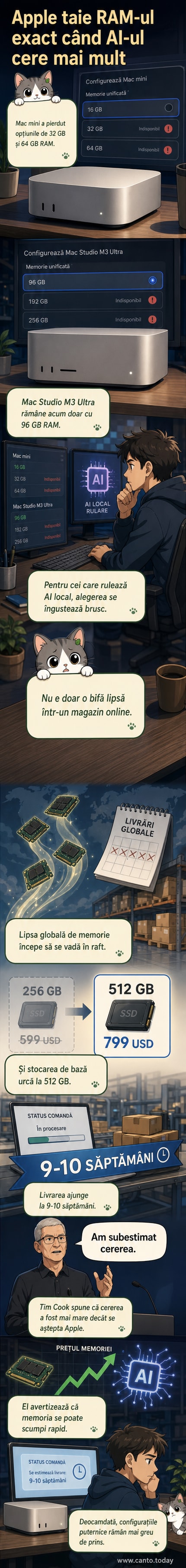 Ilustrație cu un Mac Studio și un Mac mini cu săgeți care arată reducerea RAM-ului, alături de o tabletă Lenovo și un controller Xbox cu un X roșu peste un chatbot AI.