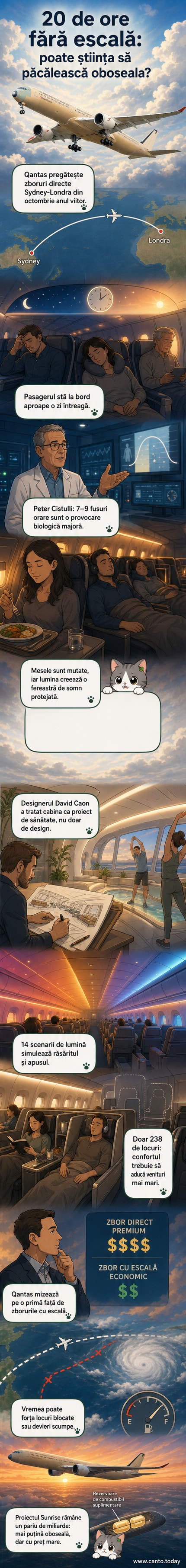 Ilustrație a unui avion Qantas zburând deasupra globului, cu pasageri într-o cabină luminată în nuanțe calde și reci care imită răsăritul și apusul, într-un decor spațial care sugerează trecerea timpului și ajustarea ritmului circadian.