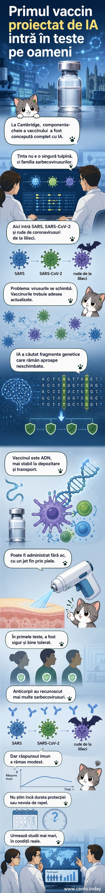 Ilustrație reprezentând un sistem imunitar învățându-se să recunoască o parte stabilă a unui virus, cu simboluri de inteligenă artificială și ADN în fundal.