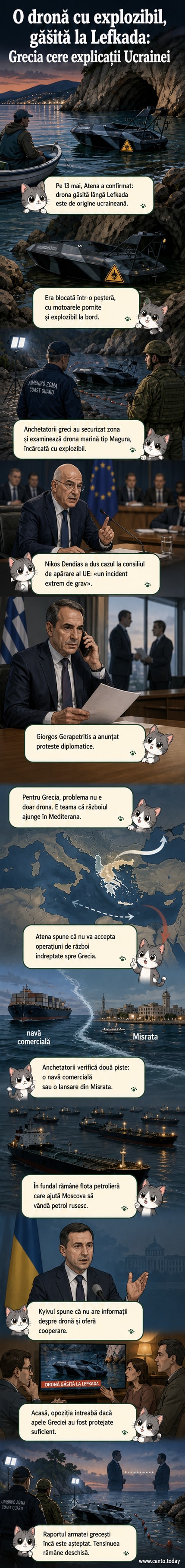 Ilustrație a unei drone navale ucrainene găsite într-o peșteră pe coasta insulei grecești Lefkada, cu forțele militare investigând locul.