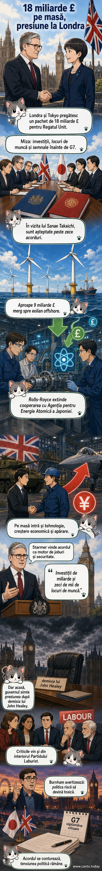 Ilustrație care reprezintă un contract între Marea Britanie și Japonia, cu turbine eoliene offshore, simboluri tehnologice și o hartă a celor două țări.