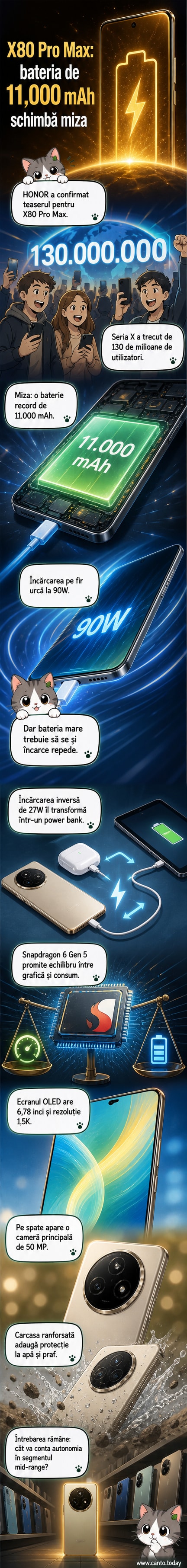 Ilustrație a telefonului Honor X80 Pro Max cu baterie de 11.000 mAh, ecran OLED și modul camere circular pe spate.