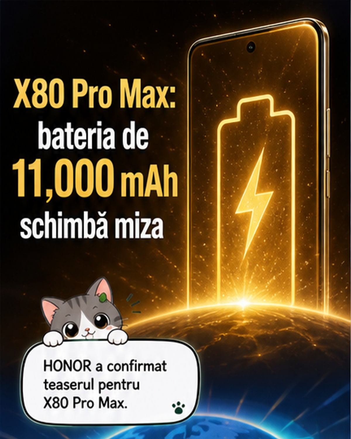 Ilustrație a telefonului Honor X80 Pro Max cu baterie de 11.000 mAh, ecran OLED și modul camere circular pe spate.