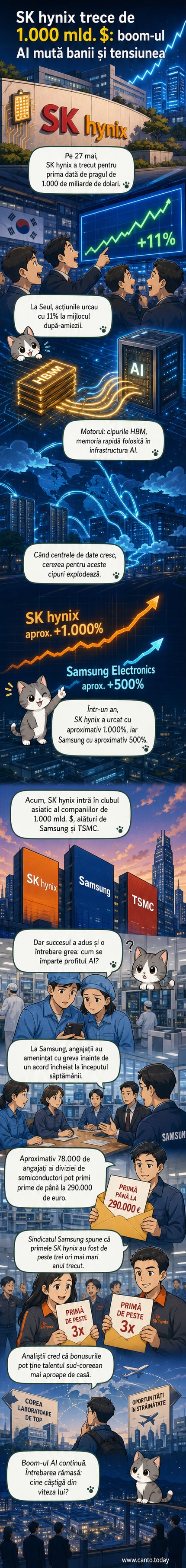Grafic cu creșterea capitalizării SK Hynix peste 1.000 de miliarde de dolari, cu cipuri AI în fundal