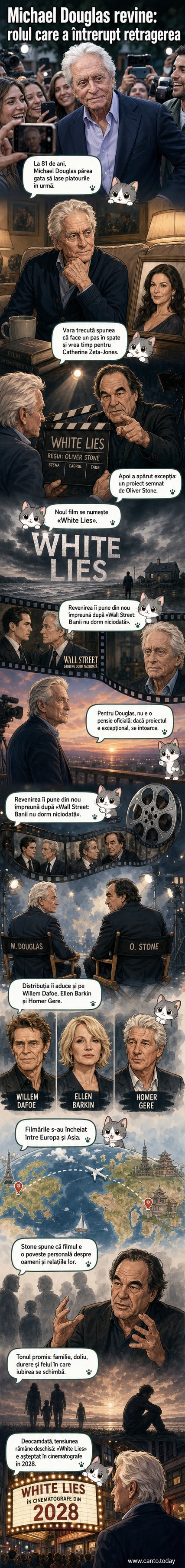 Michael Douglas zâmbește în fața fanilor la Festivalul de Film de la Taormina, în Italia, într-o imagine cu el în vârstă de 81 de ani, alături de alți artiști.