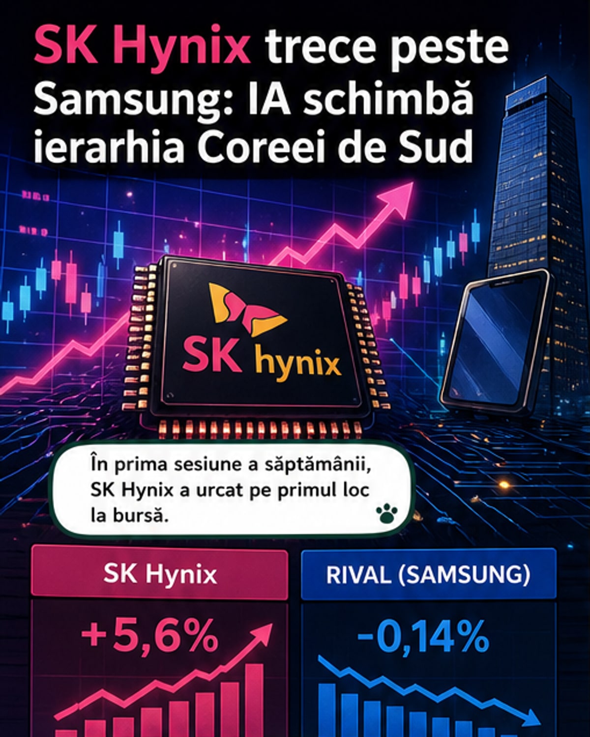 Grafic care compară evoluția capitalizării de piață a lui SK Hynix și Samsung, cu accent pe creșterea bruscă a primului în contextul boomului IA.