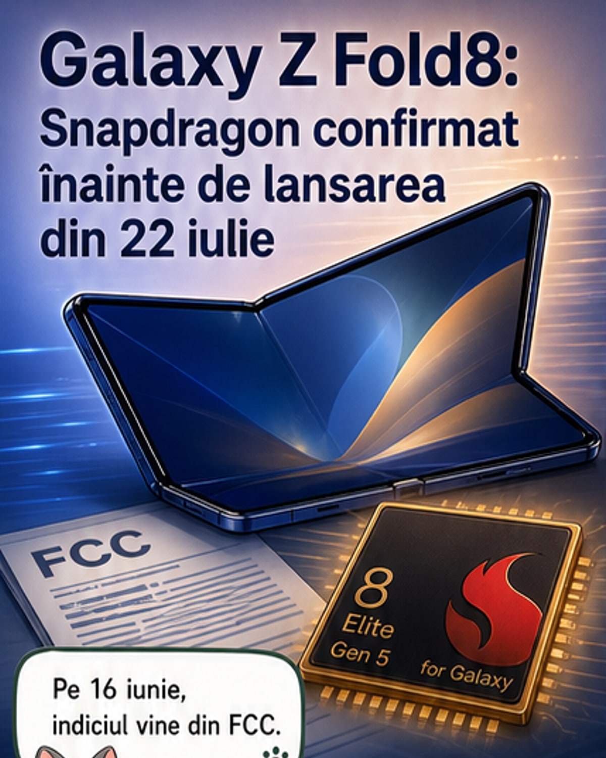 Ilustrație stilizată a unui telefon pliabil Galaxy Z Fold8 deschis, cu detalii tehnice precum Snapdragon, Wi-Fi 7 și satelit afișate pe ecran.