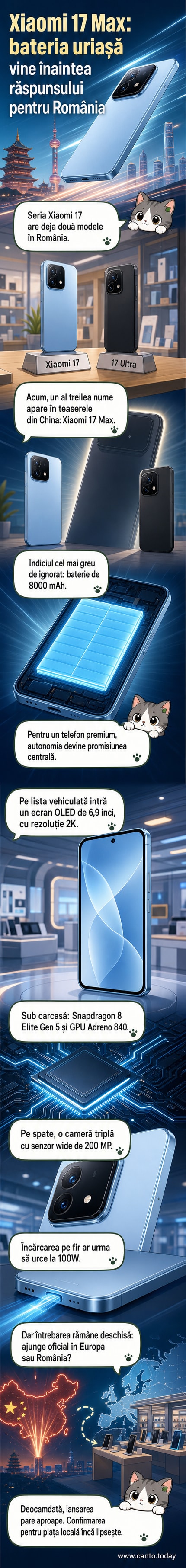 Ilustrație webtoon cu noul Xiaomi 17 Max, evidențiind bateria de 8000 mAh și designul premium pe fundalul unui oraș modern.