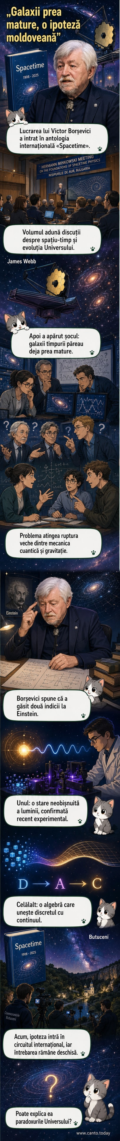 Ilustrație a unui cercetător moldovean în fața unui fundal cosmic, cu ecuații și galaxii în jur, simbolizând legătura dintre teoria lui Einstein și descoperirile moderne.