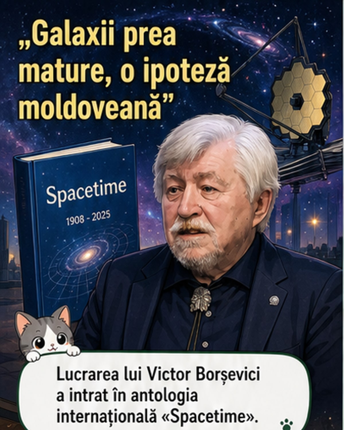 Ilustrație a unui cercetător moldovean în fața unui fundal cosmic, cu ecuații și galaxii în jur, simbolizând legătura dintre teoria lui Einstein și descoperirile moderne.