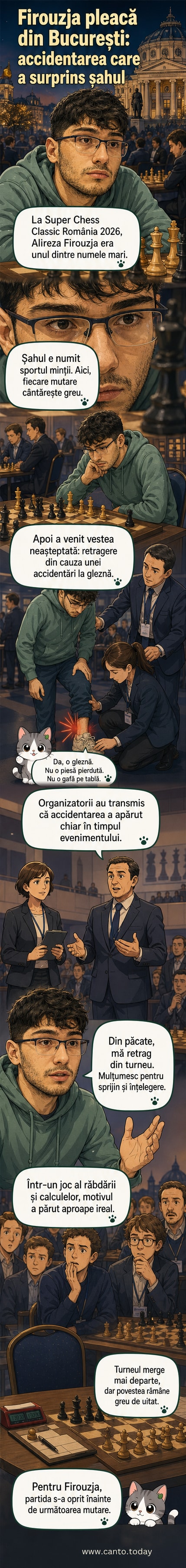 Ilustrație webtoon: șahistul Alireza Firouzja stând în picioare lângă o masă de șah, ținându-și glezna, cu o expresie de durere, într-o sală de concurs din București.