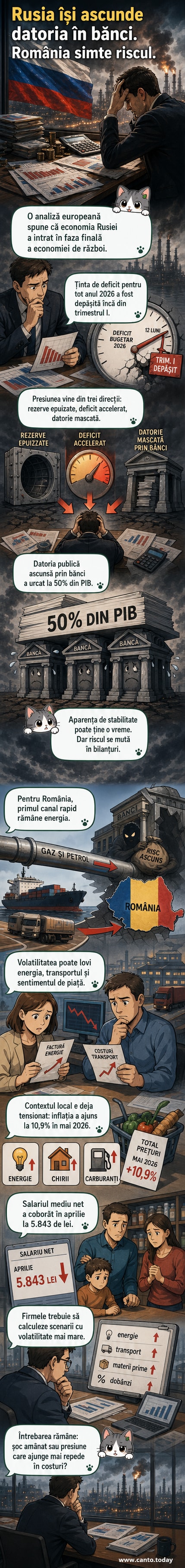Ilustrație care arată un sistem bancar suprasolicitat, cu indicatori de datorie și PIB, în contextul economic al Rusiei și impactul asupra României.