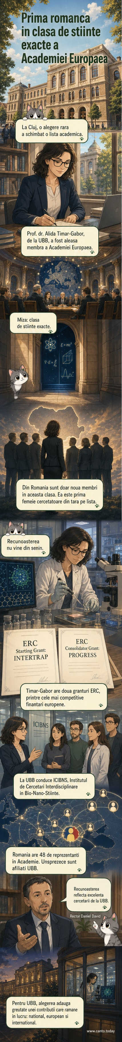 O ilustrație care reprezintă o femeie cercetătoare într-un laborator modern, cu simboluri ale științei exacte în fundal, cum ar fi grafice, formule și structuri moleculare, alături de logo-ul Academiei Europaea.