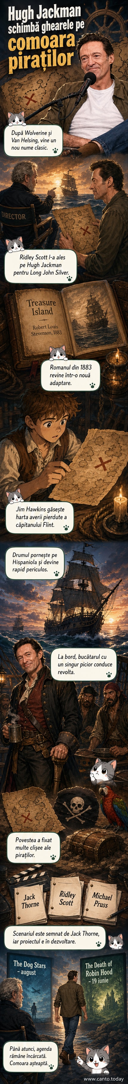Ilustrație stilizată cu Hugh Jackman în rolul lui Long John Silver, cu o sabie în mână și un papagal pe umăr, pe fundalul unei nave de pirati și al unei insule tropicale.