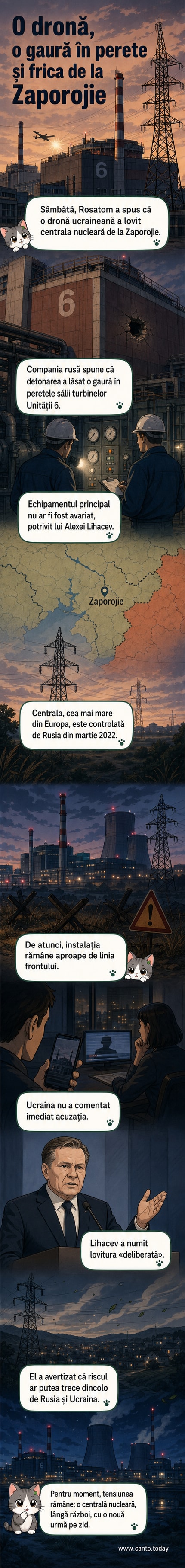 Ilustrație a centralei nucleare de la Zaporojie lovită de o dronă, cu o gaură vizibilă în peretele clădirii turbinei, fum ușor ridicându-se, sub un cer înnorat.