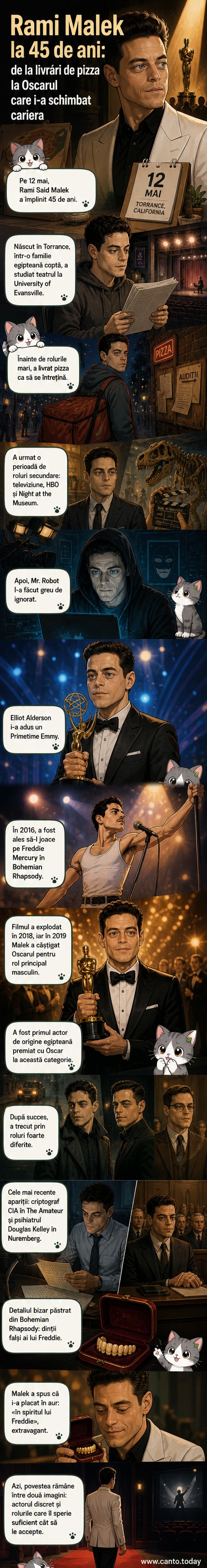 Rami Malek în costum de scenă ca Freddie Mercury din Bohemian Rhapsody, zâmbind cu dinți falși aurii