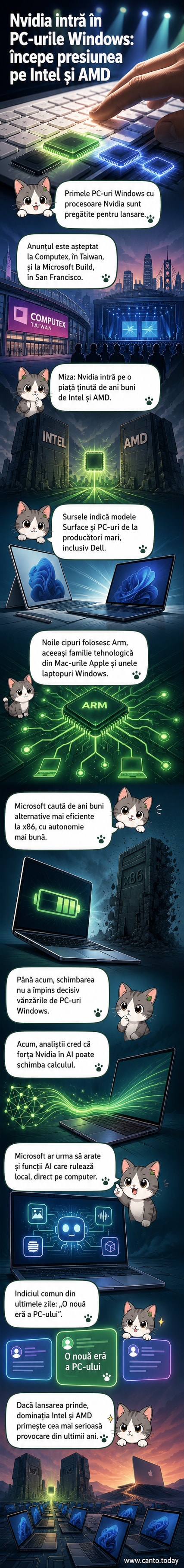 Ilustrație cu un laptop modern, cu logourile Windows, Nvidia și Arm vizibile, simbolizând noua generație de PC-uri cu cipuri Arm.