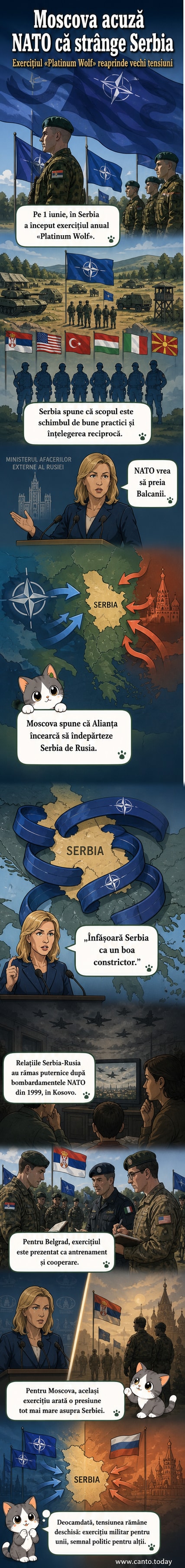 O ilustrație stilizată care reprezintă un șarpe boa înfășurat în jurul Serbiei, cu simboluri ale NATO în fundal, sugerând presiunea strategică descrisă de Rusia.