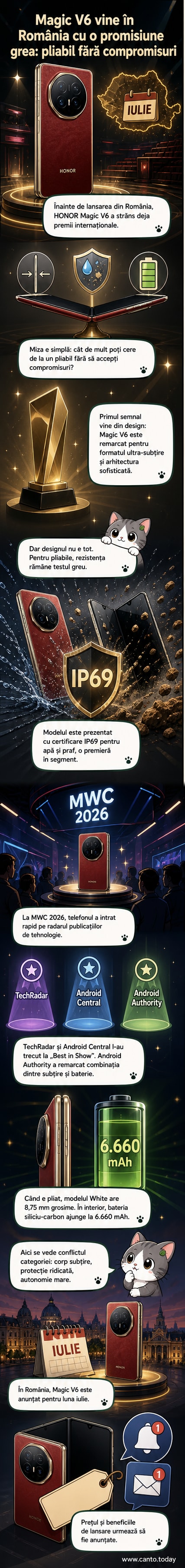 Ilustrație a unui smartphone pliabil HONOR Magic V6, deschis pe o masă, cu detalii evidențiate: grosime redusă, baterie mare și simbolul IP69 pentru rezistență.