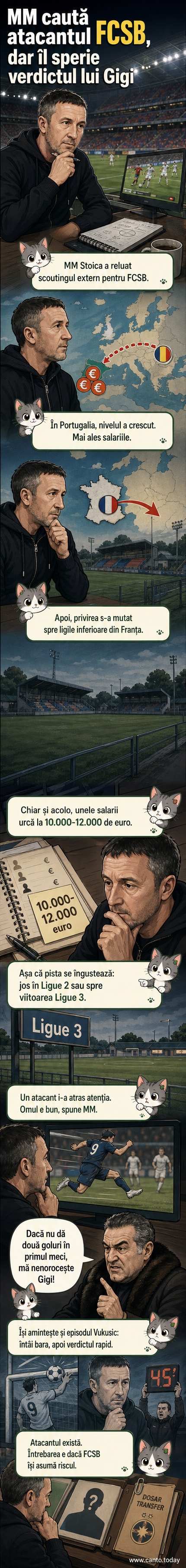 Ilustrație cu MM Stoica analizând un jucător pe tabletă, în fundal un stadion și silueta lui Gigi Becali supărat.