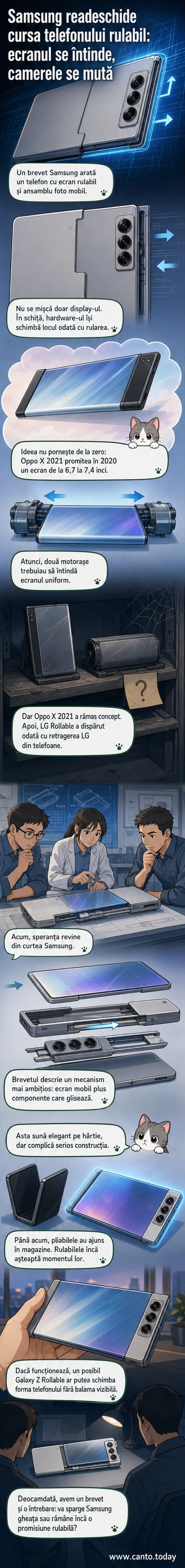 Ilustrație tehnică a unui smartphone Samsung cu ecran rulabil care se extinde, iar camera se mută în sus pe măsură ce ecranul crește.