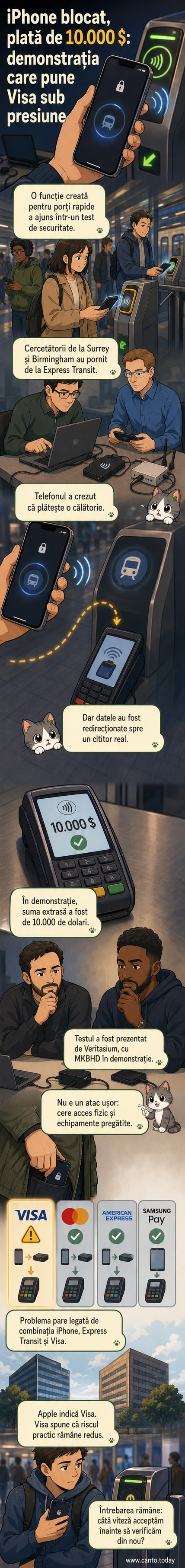 Un iPhone blocat lângă un terminal NFC, cu o schemă care arată cum plata este redirecționată către un alt dispozitiv pentru o sumă mare.
