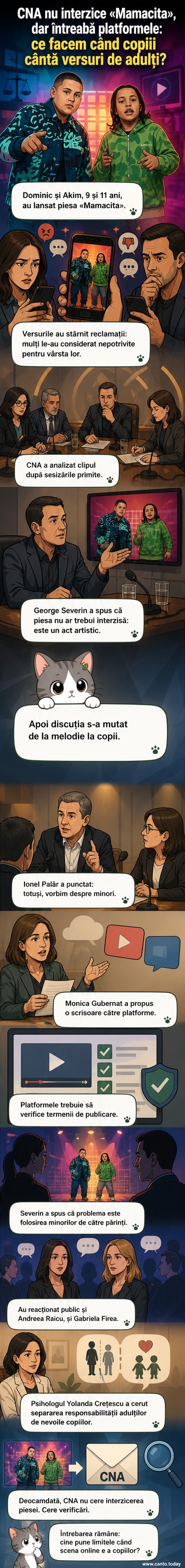 Doi copii stau pe o scenă iluminată, în spatele lor un ecran cu versuri din piesa „Mamacita”, într-un cadru urban vibrant