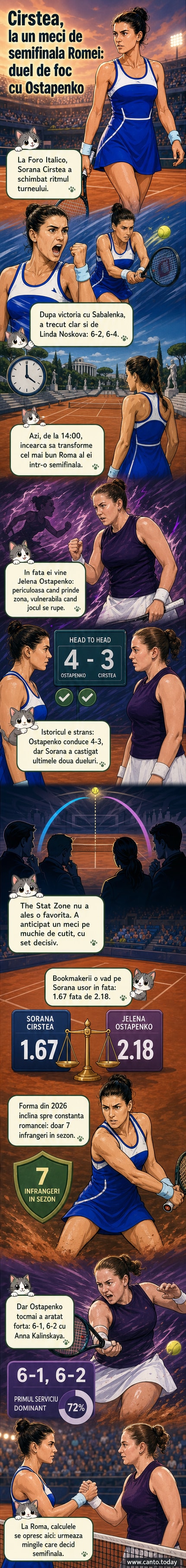 Două jucătoare de tenis într-un meci intens pe teren de zgură, cu public în tribune și panouri de publicitate în fundal.